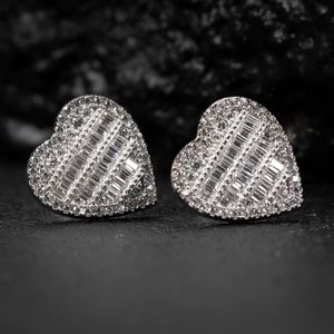 Women’s Cute White Gold 925 Sterling Silver Iced Baguette Heart Stud Earrings